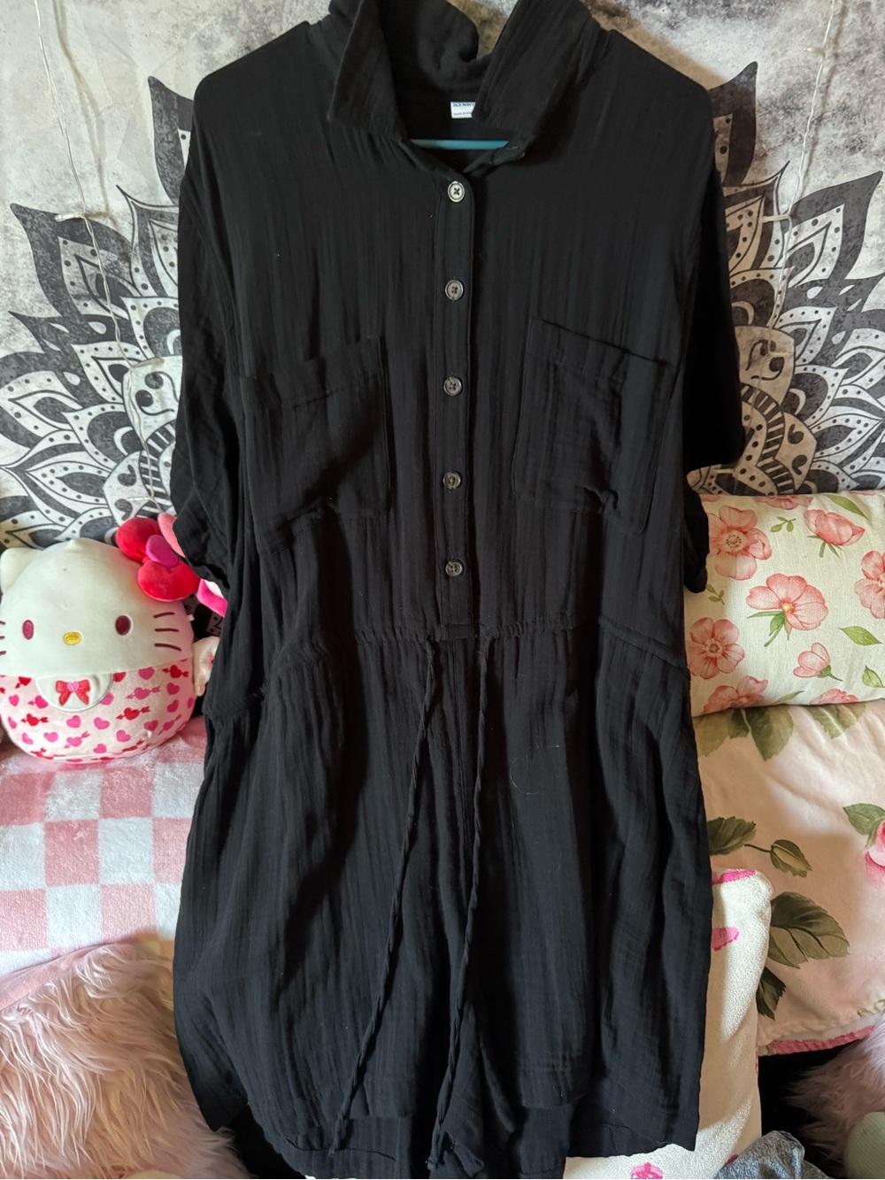 Old Navy Black Short-Sleeve Button Front Romper